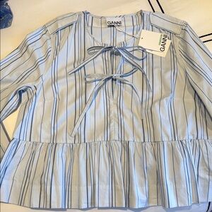 GANNI STRIPED TWILL PEPLUM BLOUSE